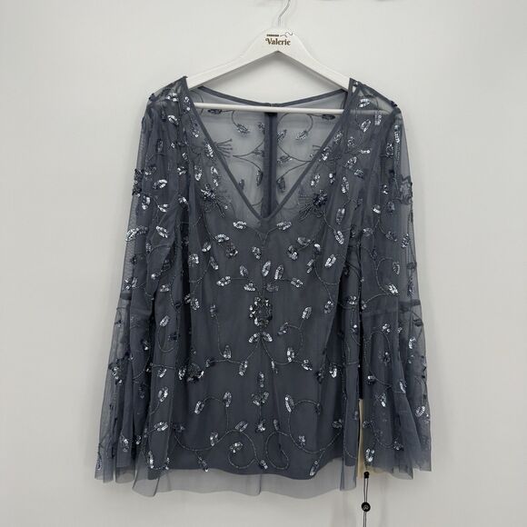 Adrianna Papell Dusty Blue Beaded Mesh Long Sleeve Blouse Size US 18 - Picture 1 of 9